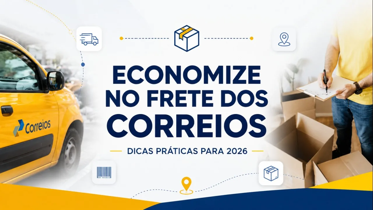 Pessoa preparando uma encomenda para enviar pelos Correios e pesquisando formas de economizar no frete em 2026